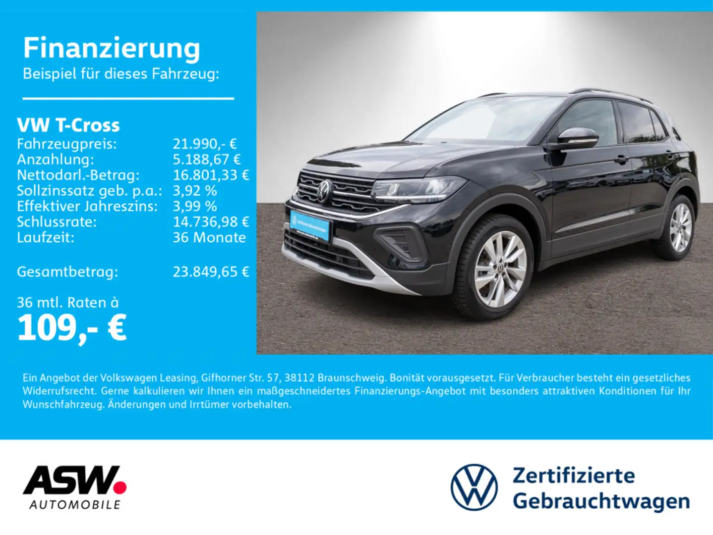 Volkswagen T-Cross Goal 1.0TSI DSG LED Navi PDC ACC SHZ AHK Schwarz - 1