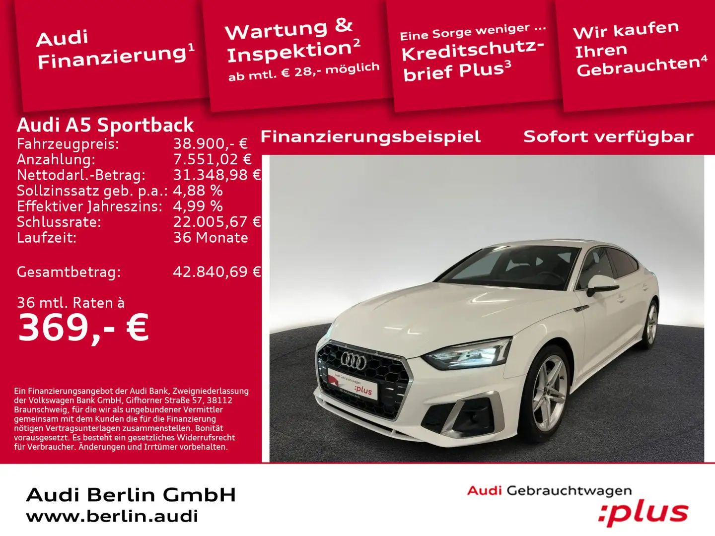 Audi A5 S line 40 TDI qu.S tr. LED RFK NAVI Weiß - 1