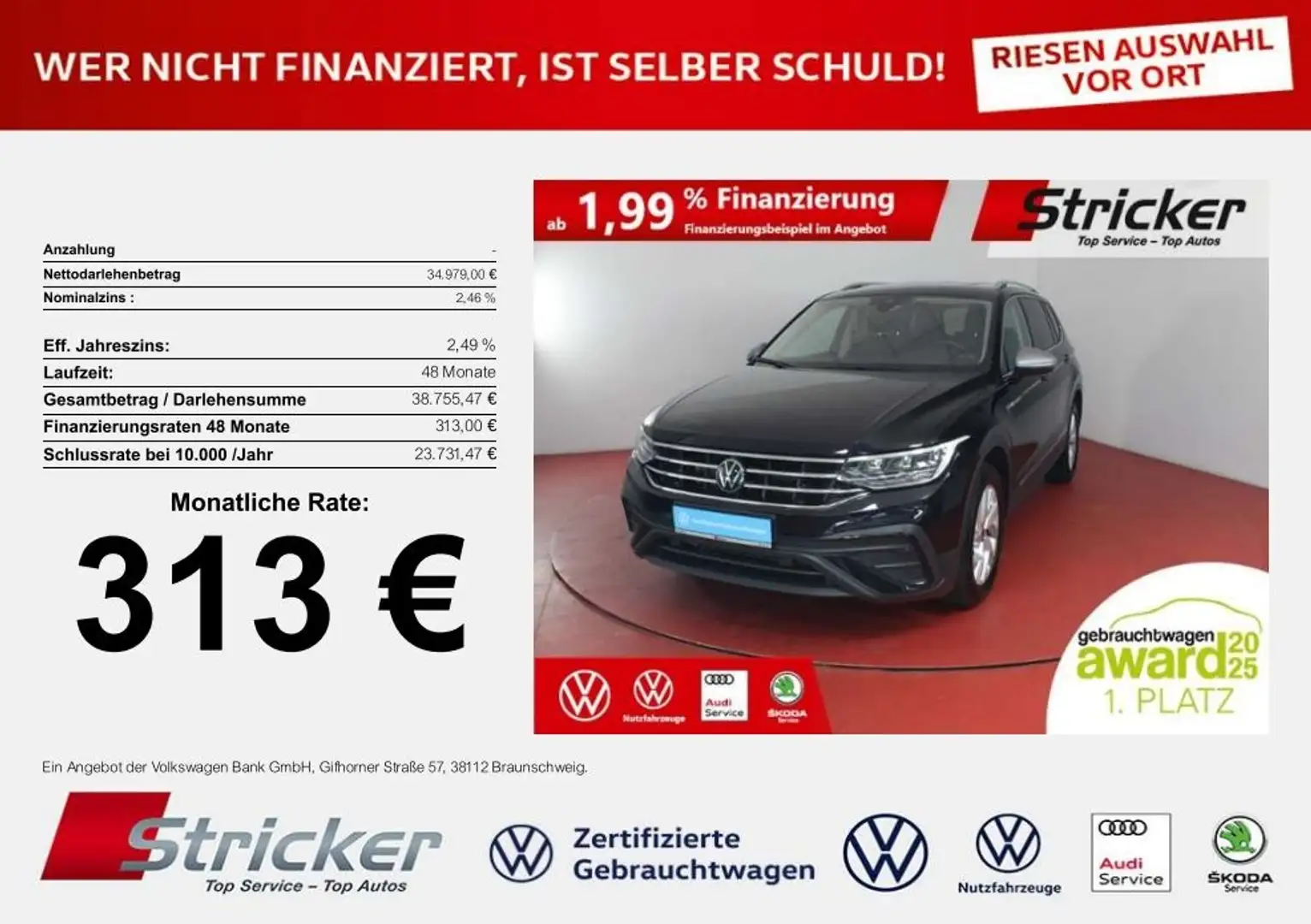 Volkswagen Tiguan Allspace Life 2.0TDI DSG 313,-ohne Anzahlung AHK 7-Sitzer Schwarz - 1