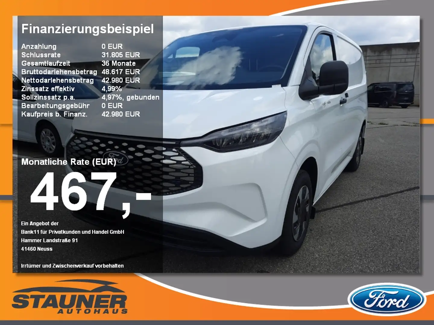 Ford Transit Custom Elektro Kasten 320 L1 RWD Trend Weiß - 1