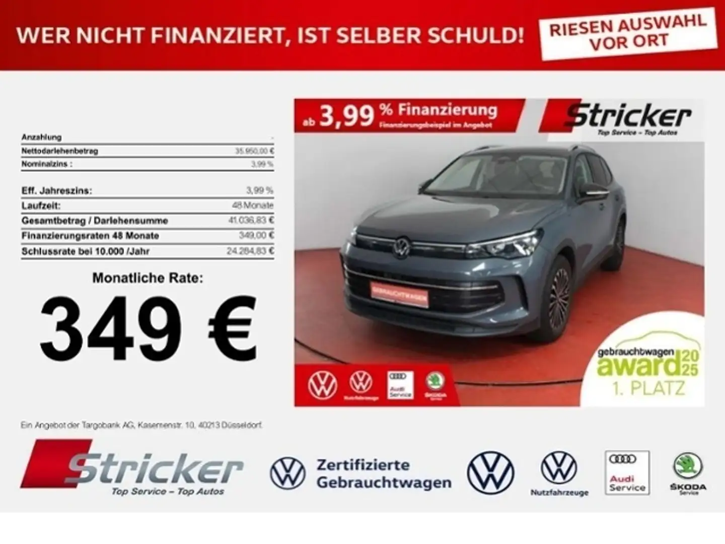 Volkswagen Tiguan Goal 2.0TDI DSG 349,-ohne Anzahlung Navi AHK Kame Grau - 1