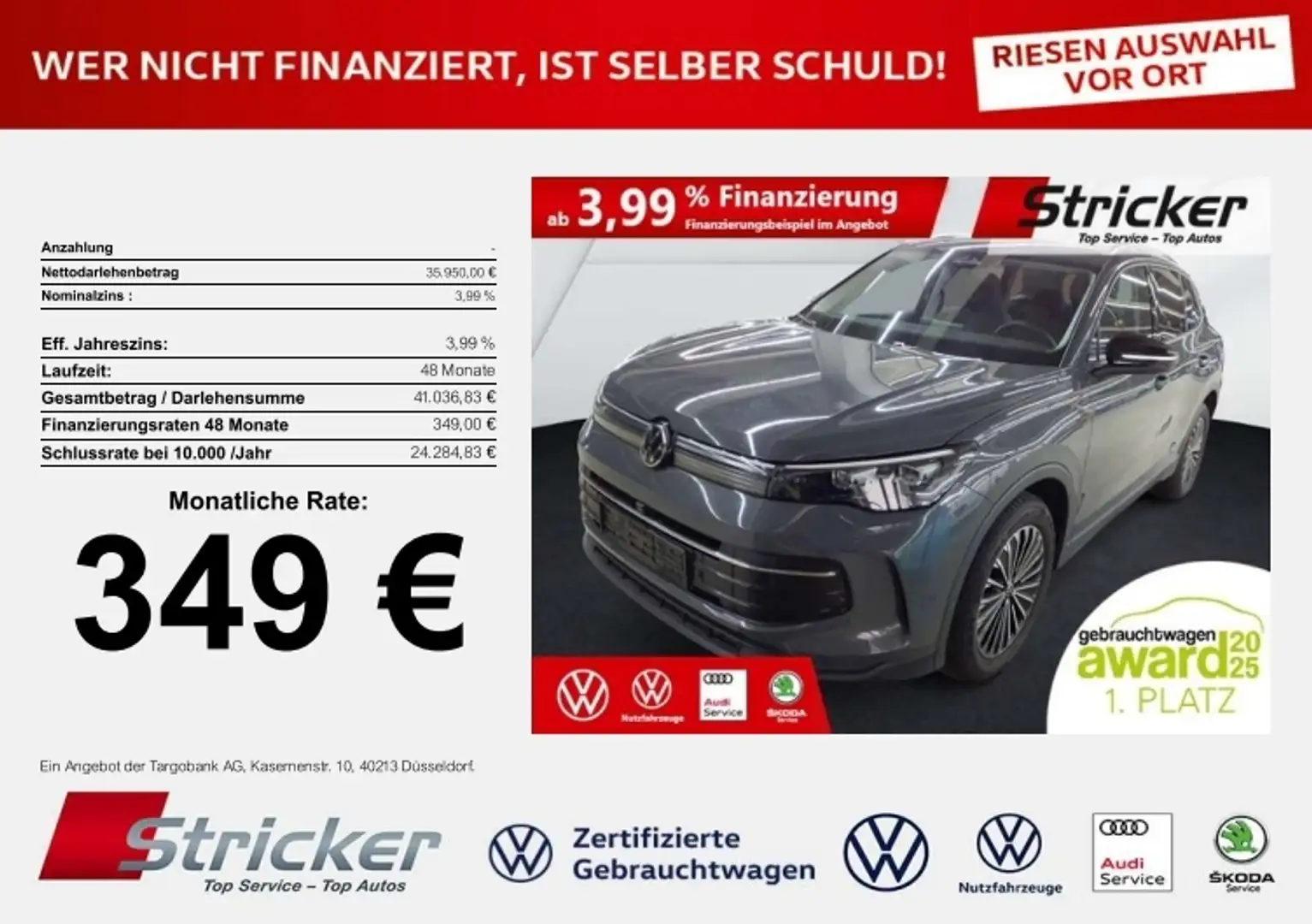 Volkswagen Tiguan Goal 2.0TDI DSG 349,-ohne Anzahlung Navi AHK Kame Grau - 1