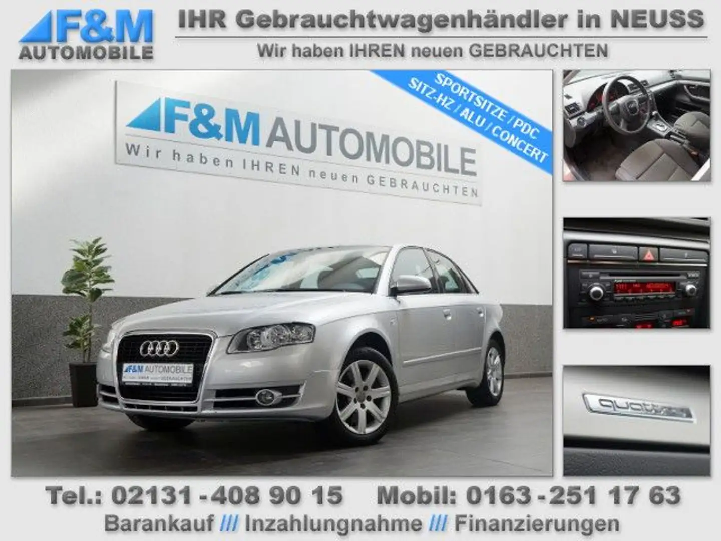 Audi A4 2.0 T FSI tiptronic quattro Klima PDC Sithz Silber - 1