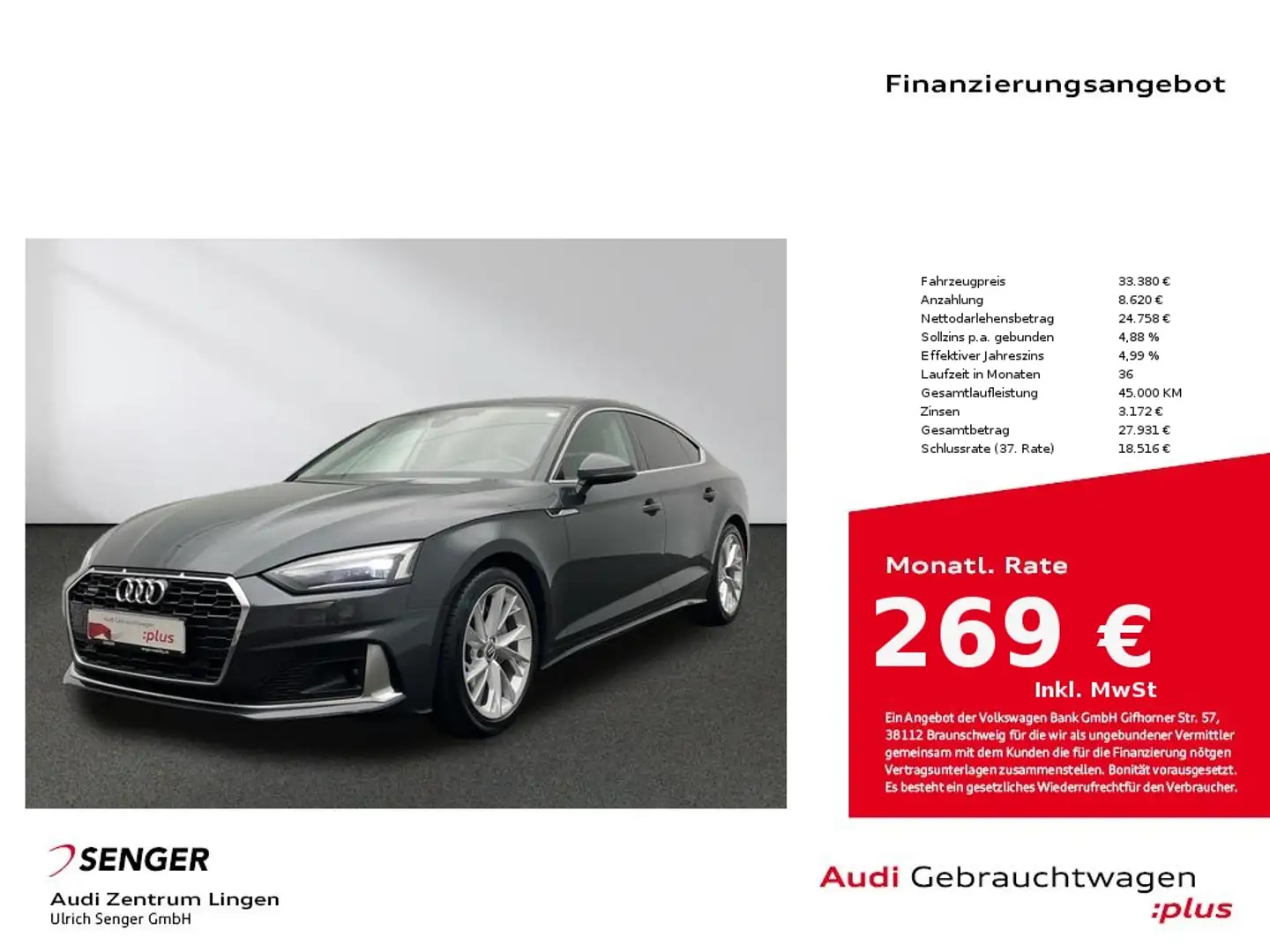 Audi A5 Sportback Advanced 40 TDI quattro MMI LED Gris - 1