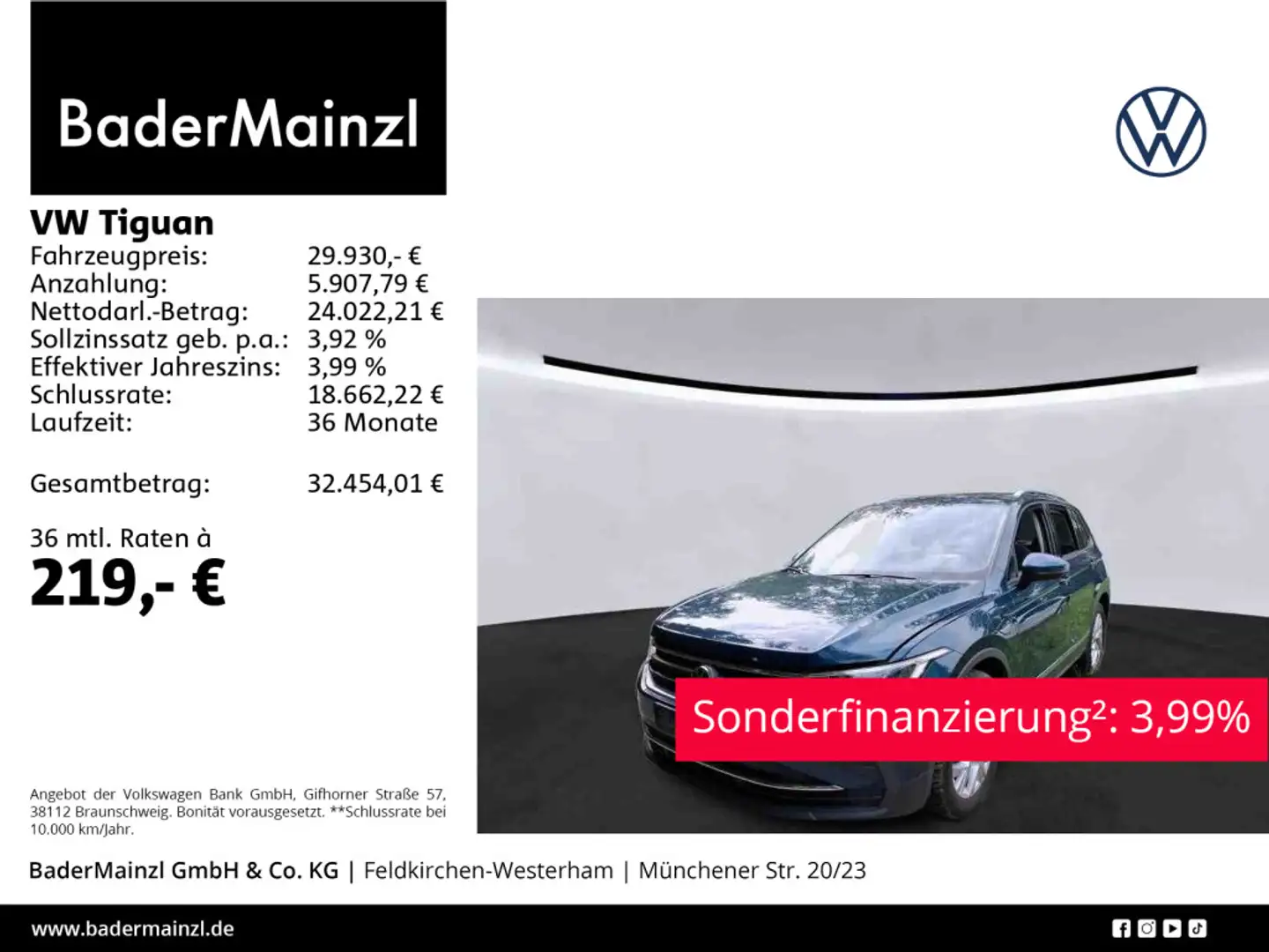Volkswagen Tiguan 1.4 eHybrid DSG Active AHK Pano Kam. ACC Blau - 1