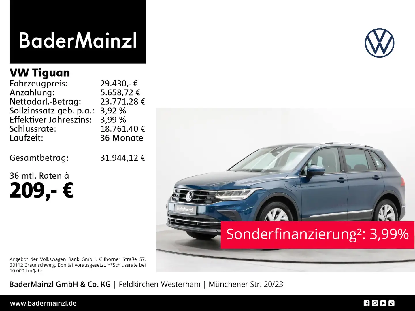 Volkswagen Tiguan 1.4 eHybrid DSG Active AHK Pano Kam. ACC Blau - 1