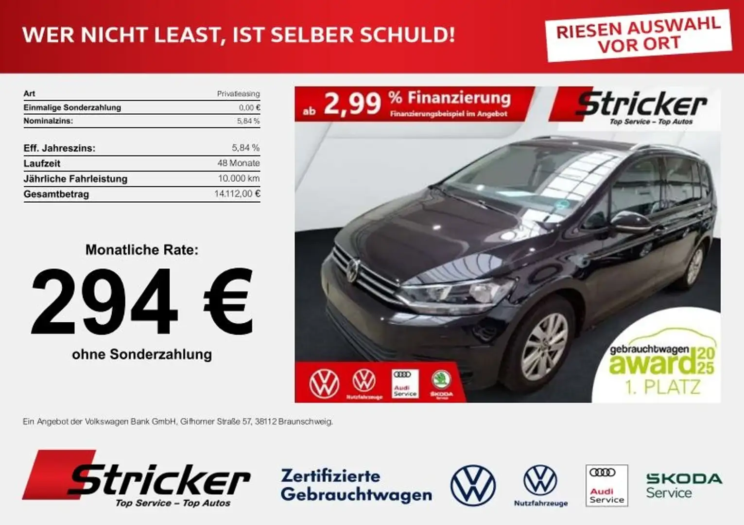 Volkswagen Touran Comfortline 1.5TSI DSG 232,-ohne Anzahlung 7-Sitz Schwarz - 2