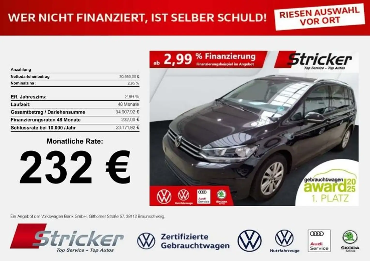Volkswagen Touran Comfortline 1.5TSI DSG 232,-ohne Anzahlung 7-Sitz Schwarz - 1