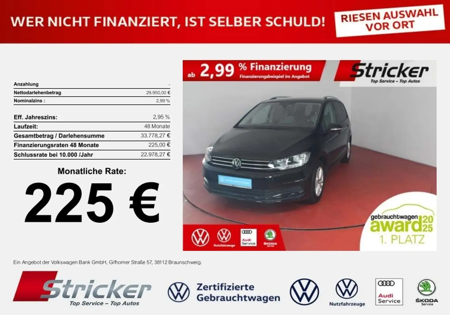Volkswagen Touran Comfortline 1.5TSI DSG 225,-ohne Anzahlung 7-Sitz Schwarz - 1