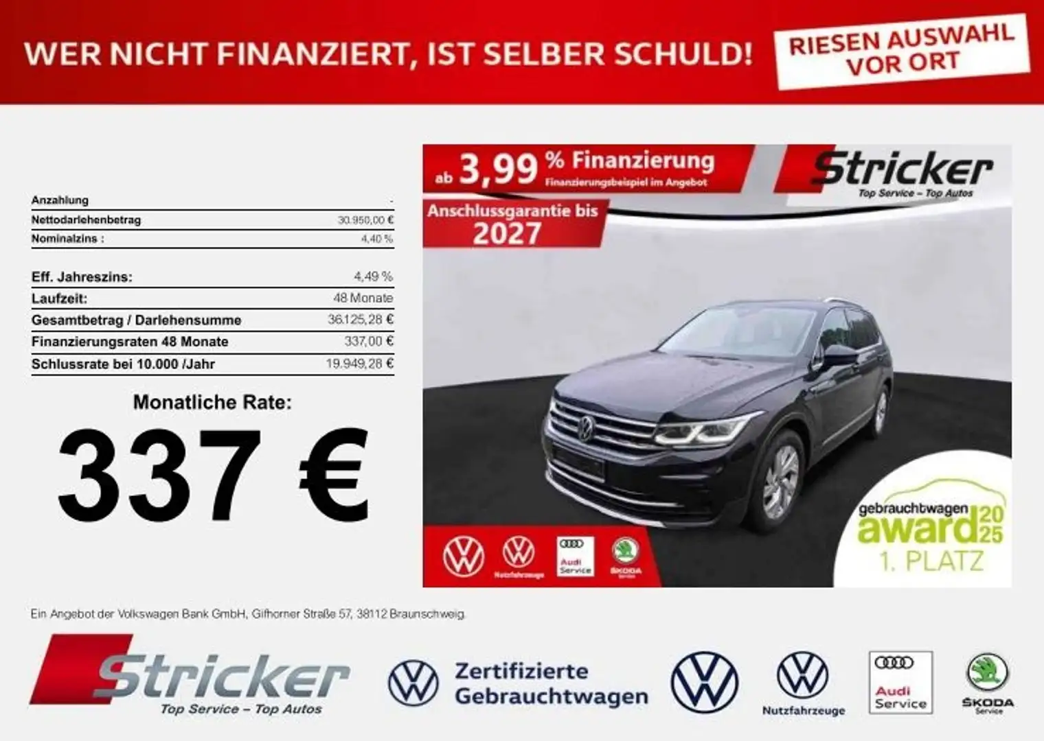 Volkswagen Tiguan Elegance 2.0TDI DSG 337,-ohne Anzahlung Navi Pano Schwarz - 1