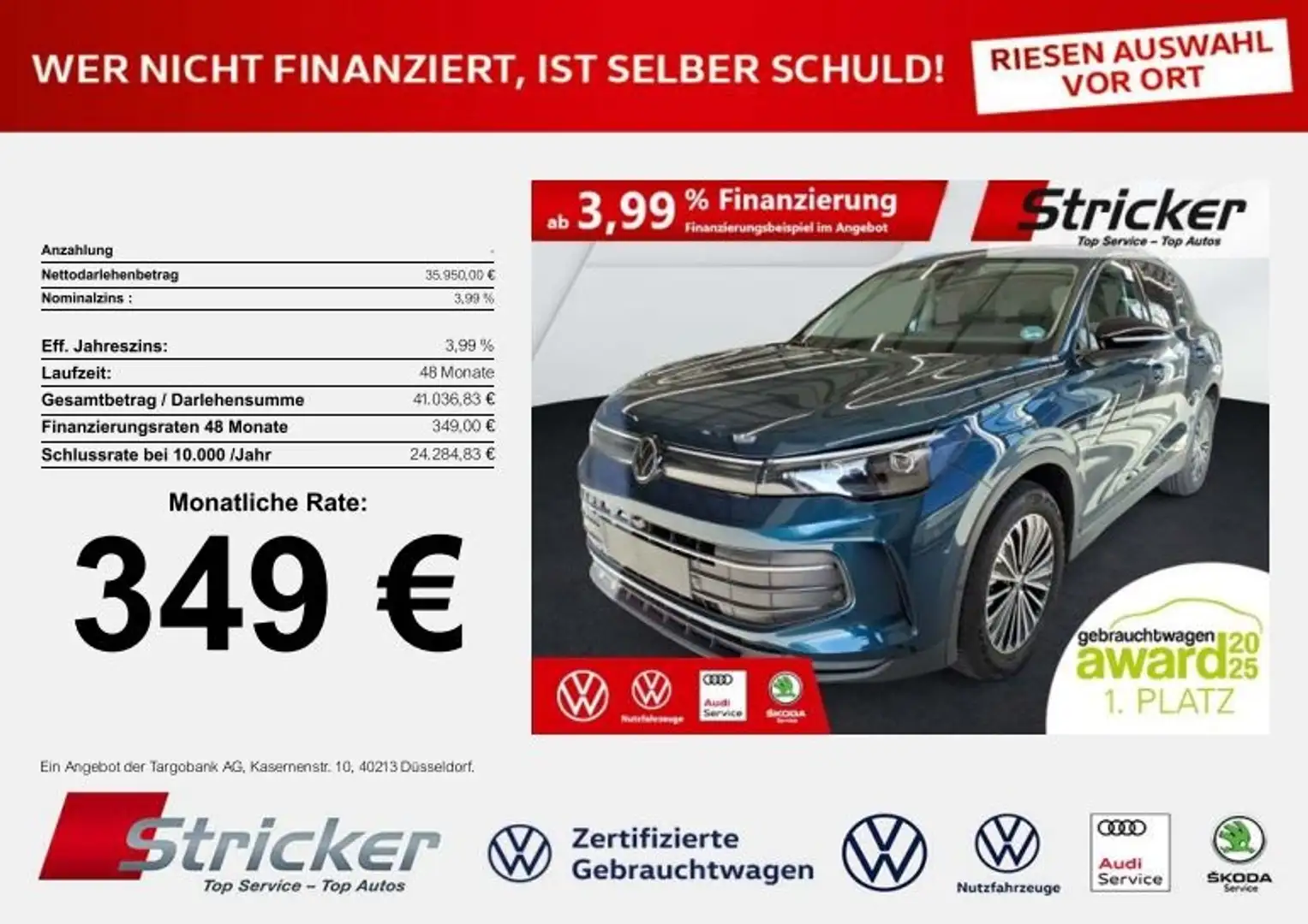Volkswagen Tiguan Goal 2.0TDI DSG 349,-ohne Anzahlung Navi AHK Kame Blau - 2