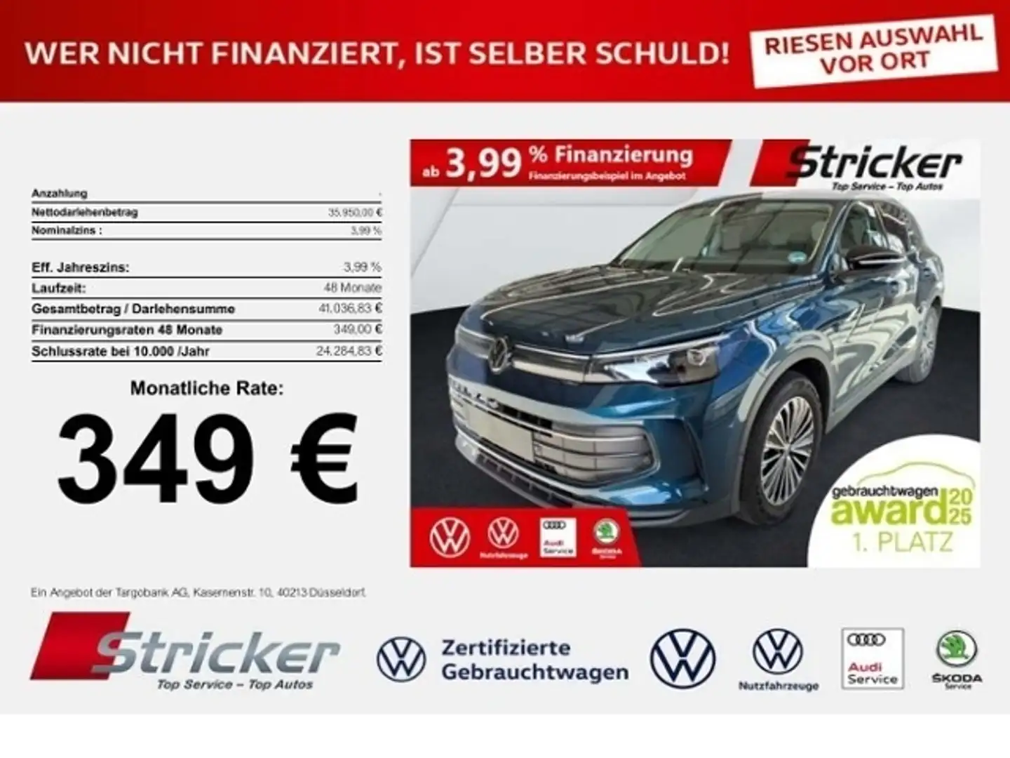Volkswagen Tiguan Goal 2.0TDI DSG 349,-ohne Anzahlung Navi AHK Kame Blau - 1