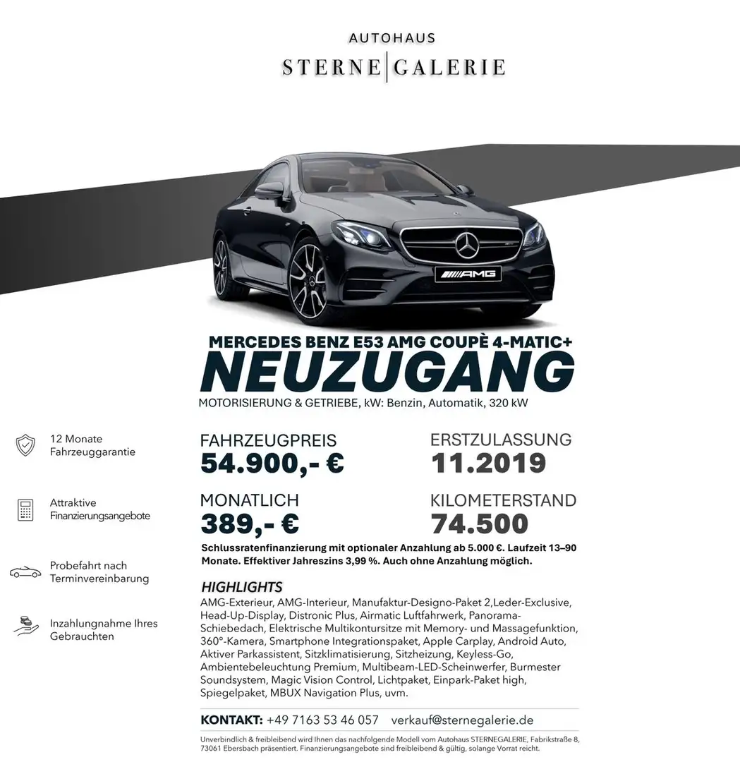 Mercedes-Benz E 53 AMG COUPÉ/DESIGNO/HEADUP/360°/MASSAGE/PANO Schwarz - 1