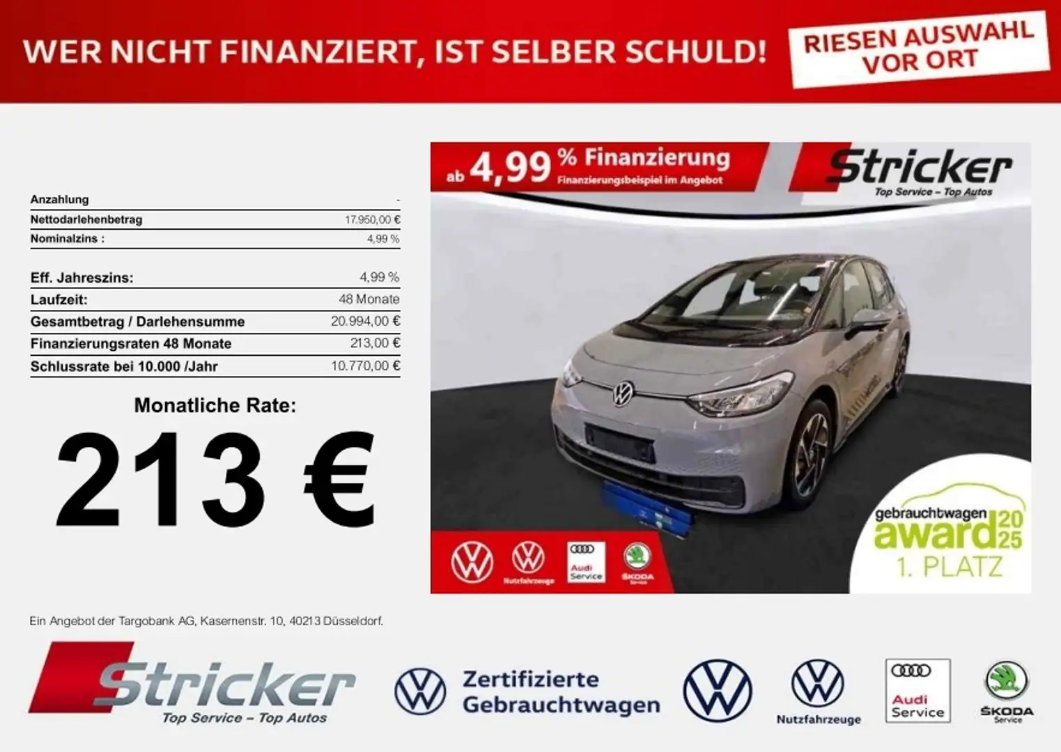 Volkswagen ID.3 Pure Performance 110/52 213,-ohne Anzahlung Navi Grau - 1