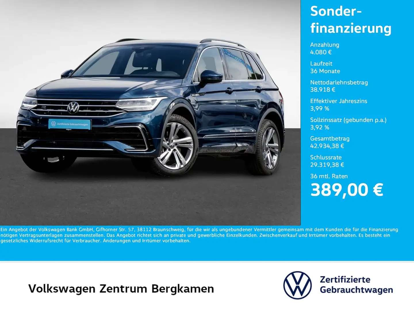 Volkswagen Tiguan 2.0 R-LINE 4X4 AHK CAM ACC LM19 NAVI Bleu - 1