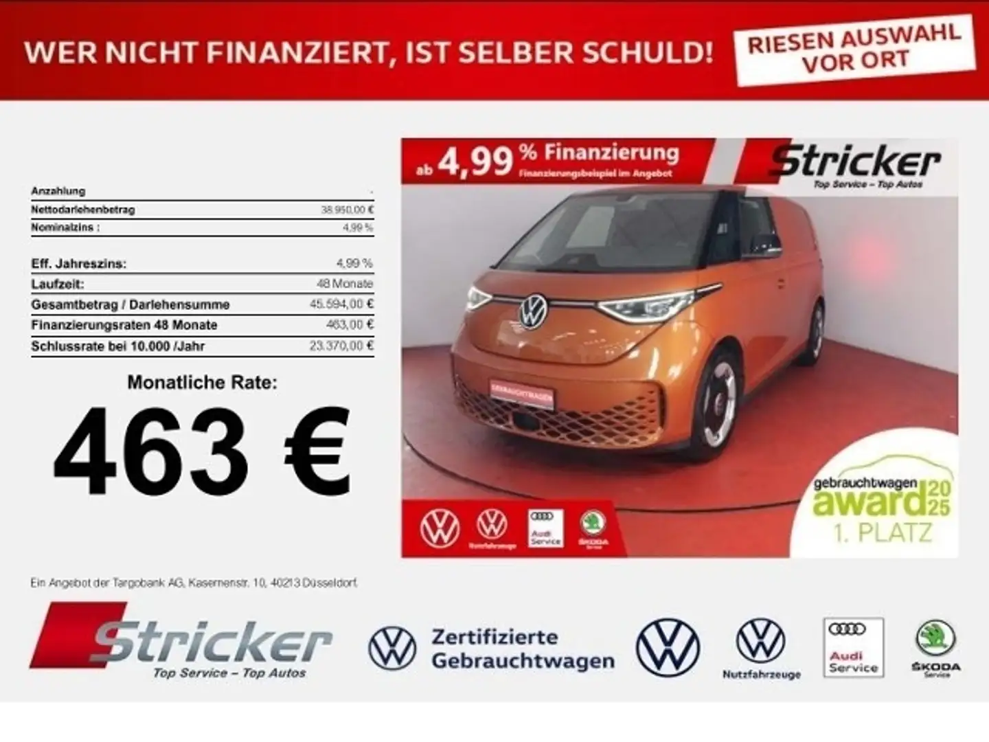 Volkswagen ID. Buzz Cargo 150/77 463,-ohne Anzahlung AHK IQ.Light Orange - 1