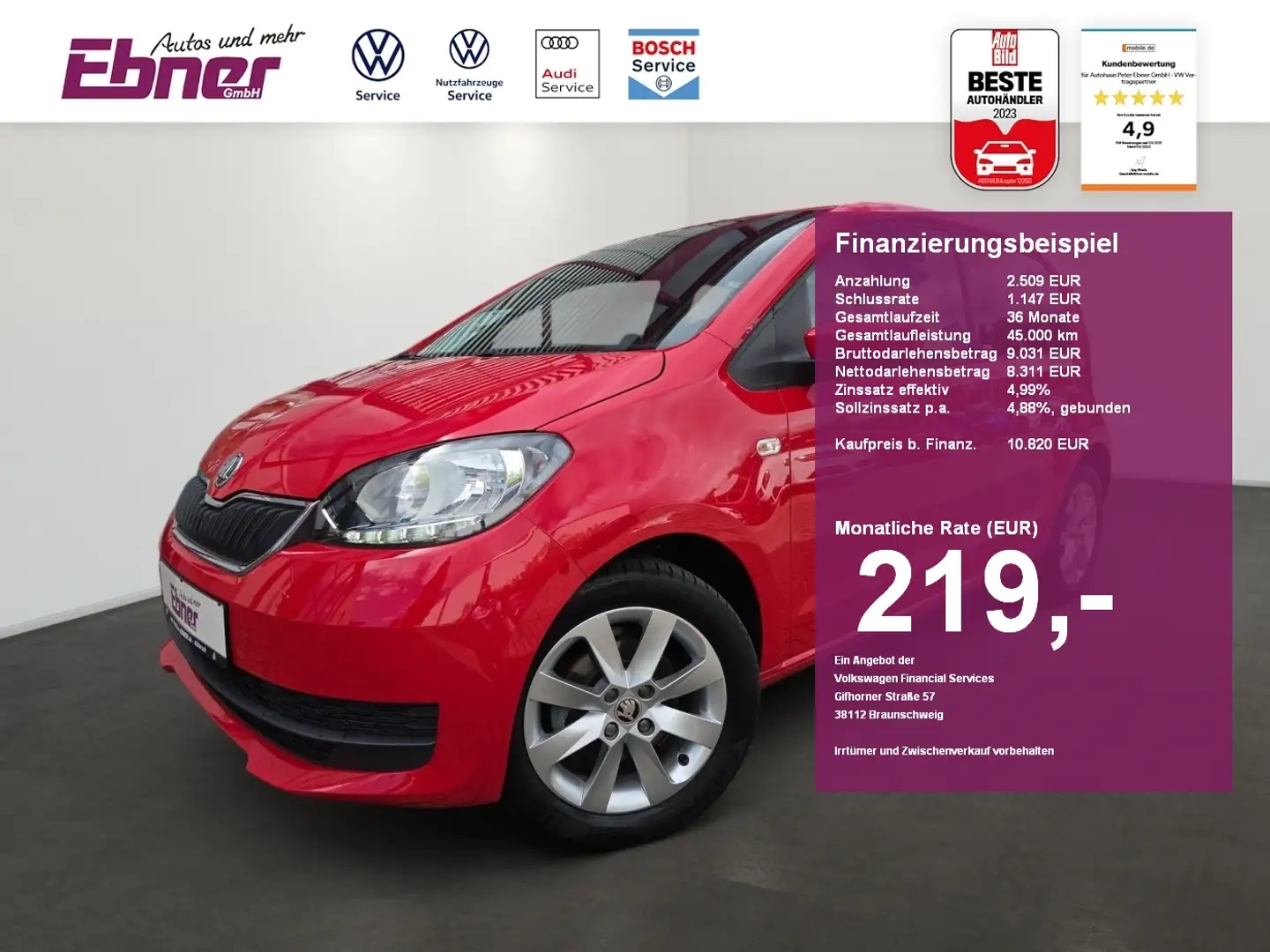 Skoda Citigo CLEVER 75PS 4-TÜRER SITZHZG+PDC+KLIMA+BLUETOOTH+15 Rot - 1