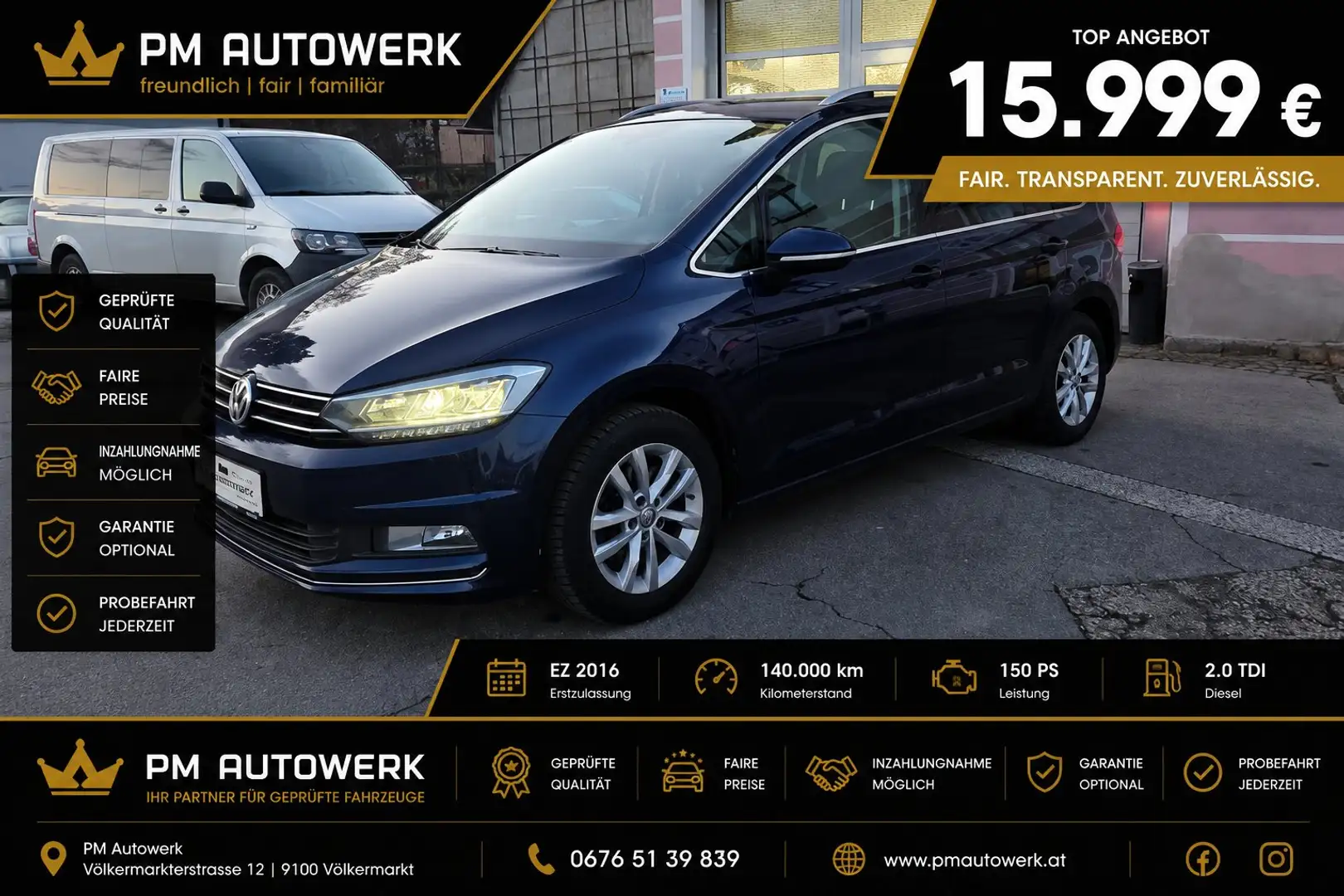 Volkswagen Touran Highline 2,0 SCR TDI LED ACC ZR Neu Finanzierung Blau - 1