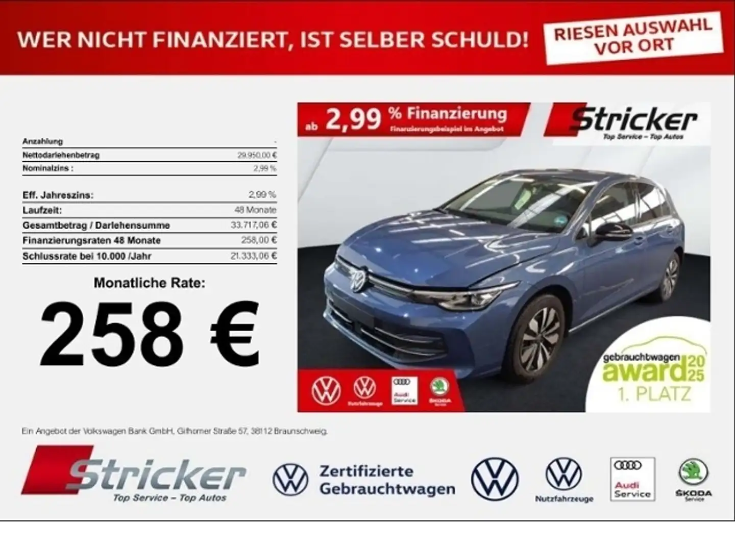 Volkswagen Golf Goal 2.0TDI DSG 258,-ohne Anzahlung Navi AHK Kame Blau - 1