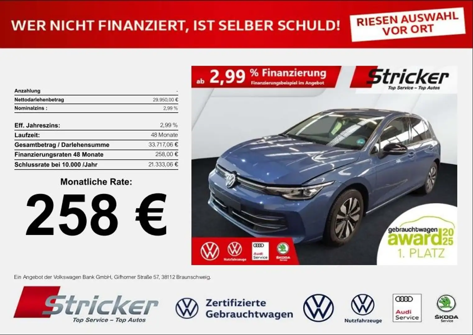 Volkswagen Golf Goal 2.0TDI DSG 258,-ohne Anzahlung Navi AHK Kame Blau - 2