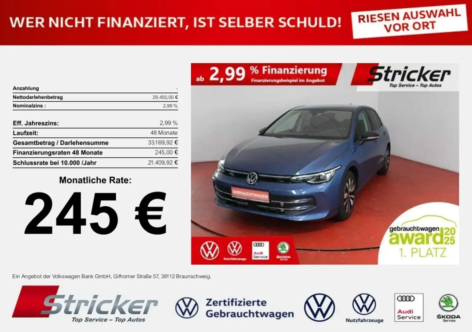 Volkswagen Golf Goal 2.0TDI DSG 245,-ohne Anzahlung Navi AHK Kame Blau - 1
