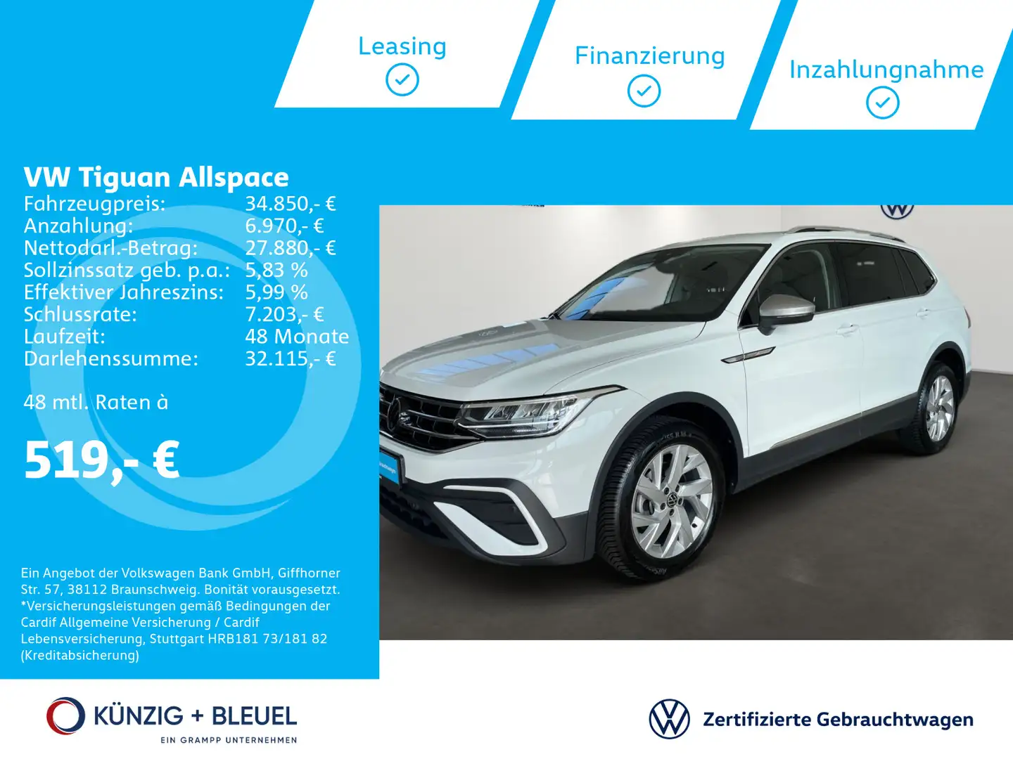Volkswagen Tiguan Allspace Life 1,5 TSI DSG Nav*LED*ACC*AHK Weiß - 1