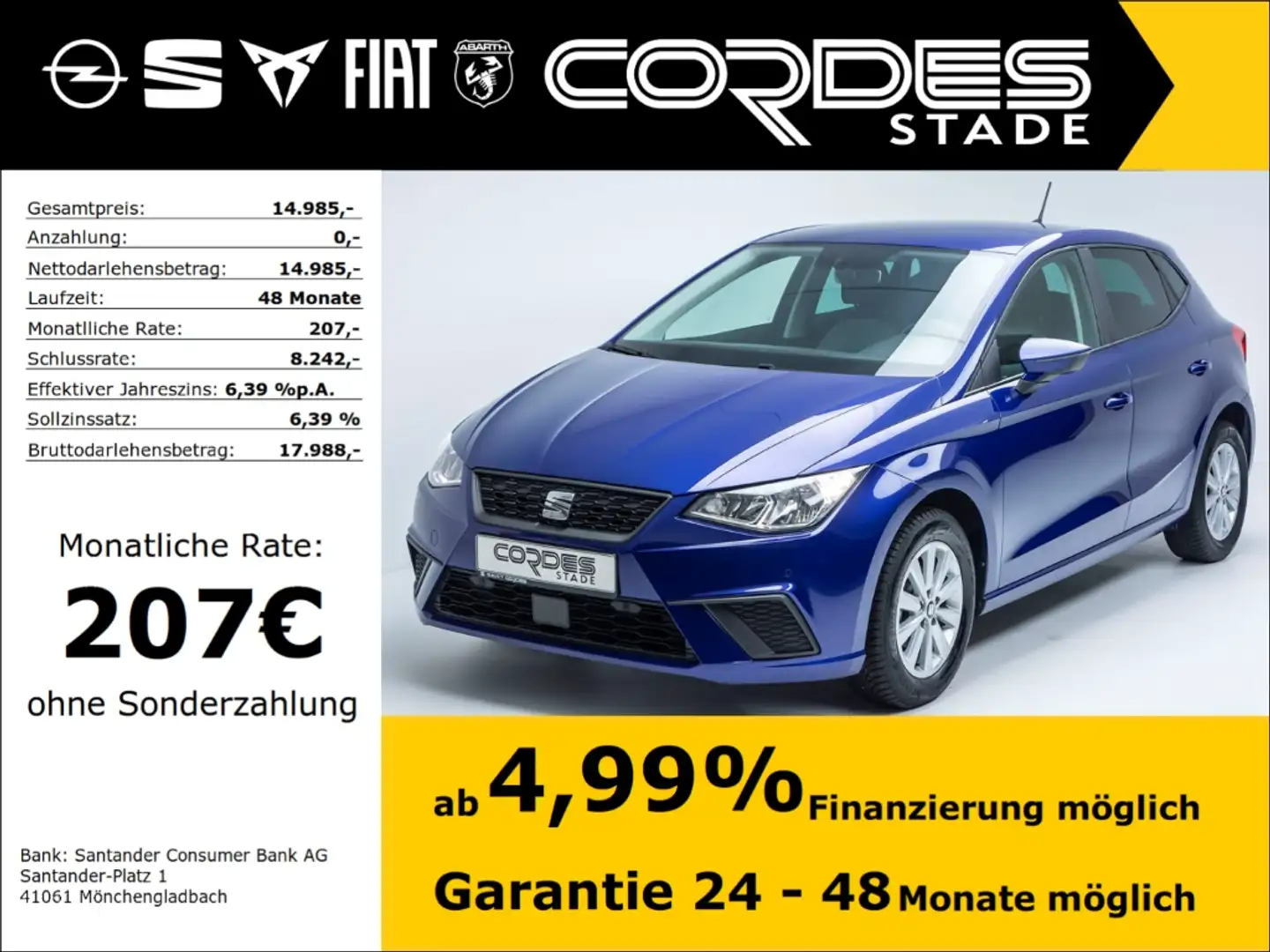 SEAT Ibiza Style 1.0 TSI Allwetterreifen PDC Navi Freisprech( Blauw - 1