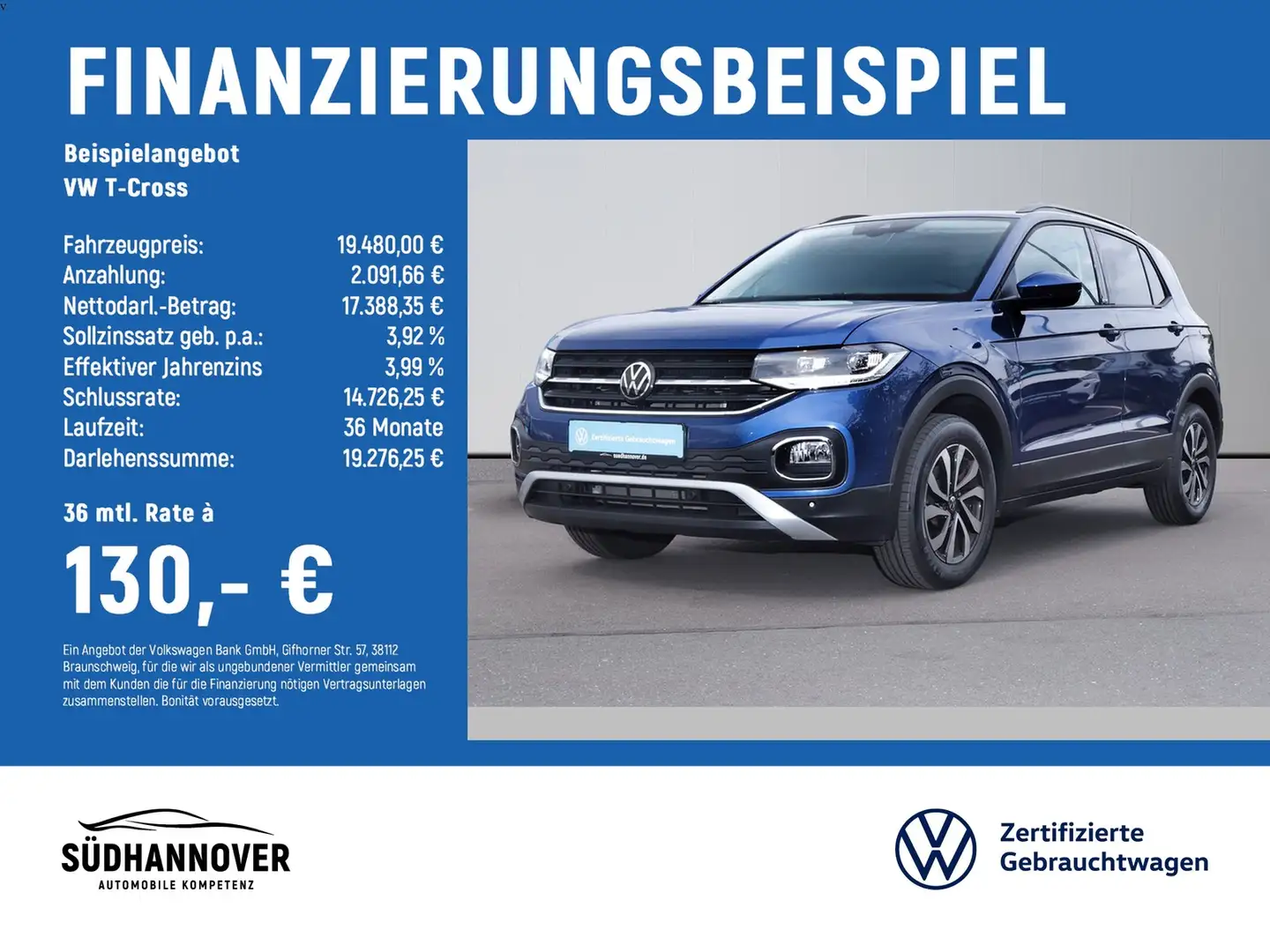 Volkswagen T-Cross Active 1.0 TSI NAVI+LED+SHZ+PDC+KAMERA Bleu - 2