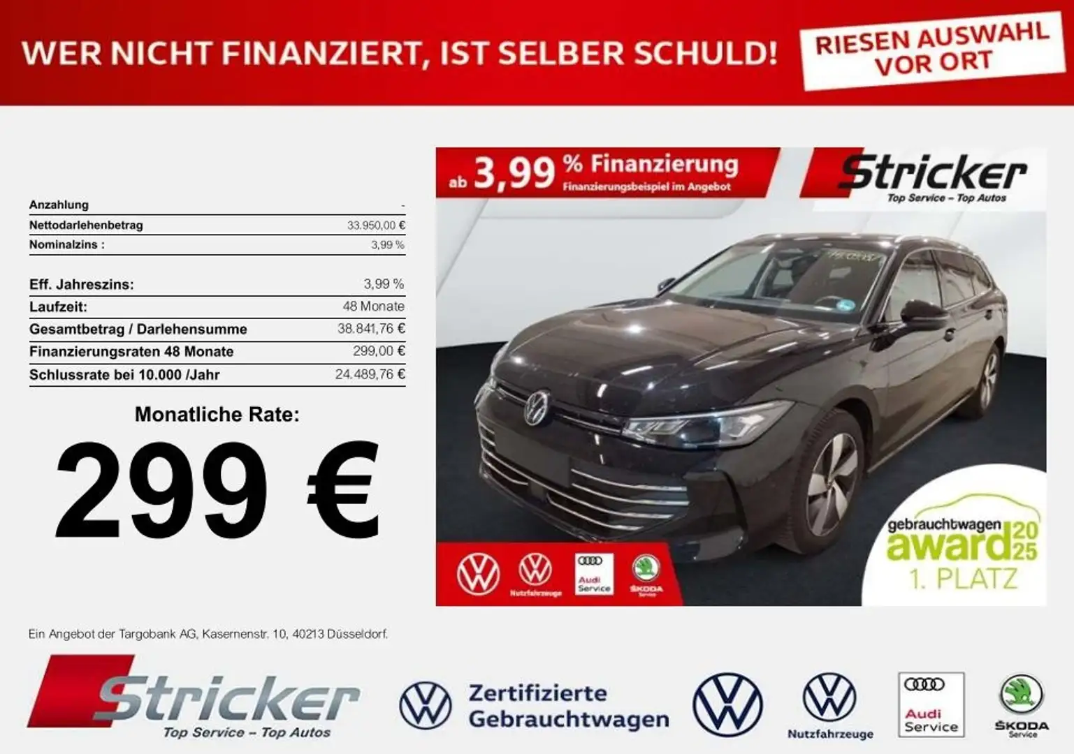 Volkswagen Passat Business 2.0TDI DSG 299,-ohne Anzahlung Navi AHK Schwarz - 1