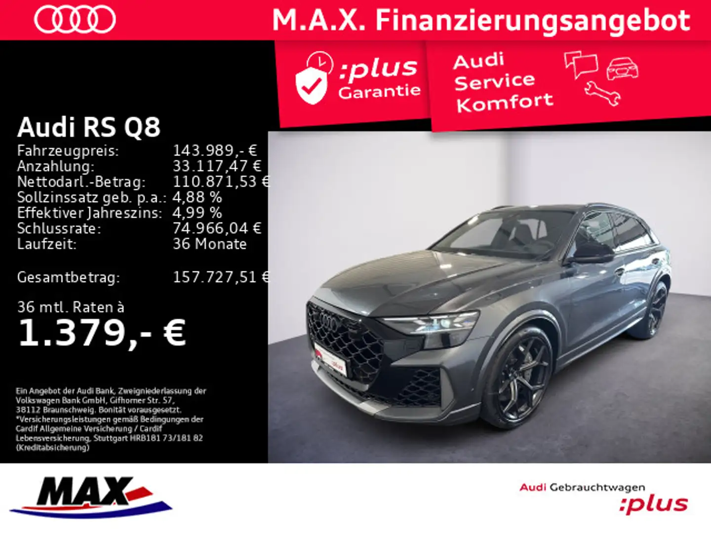Audi RS Q8 RSQ8 PERFORMANCE 280 KM/H+SAGA+KERAMIK+WABEN+AHK Grau - 1