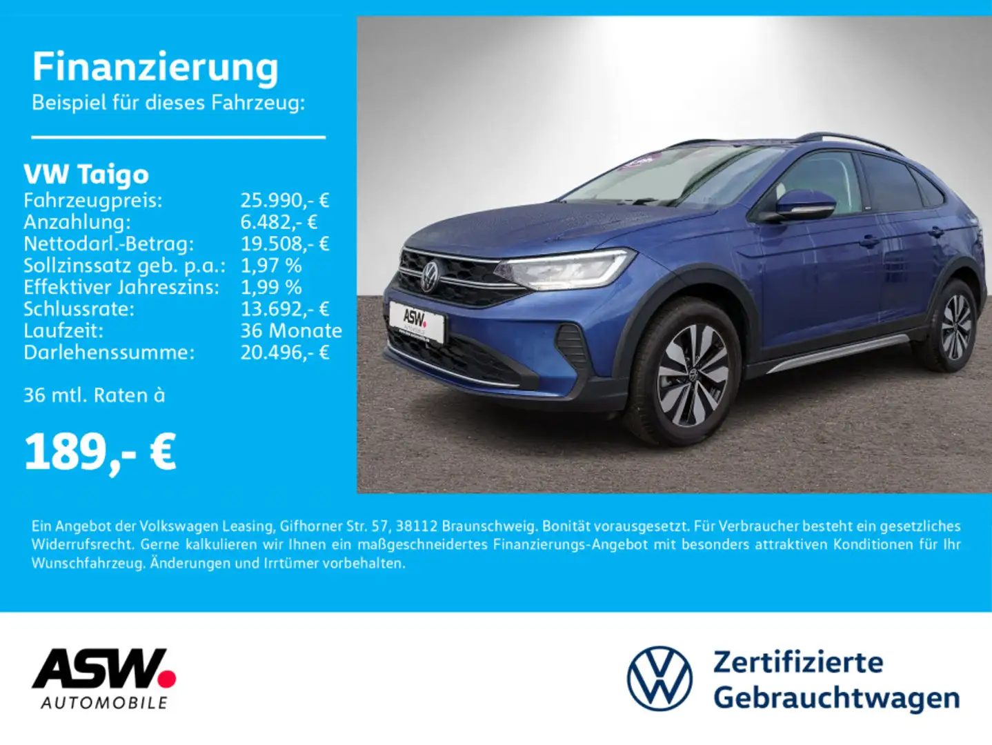 Volkswagen Taigo MOVE 1.0TSI Navi LED ACC RFK AHK Blau - 1