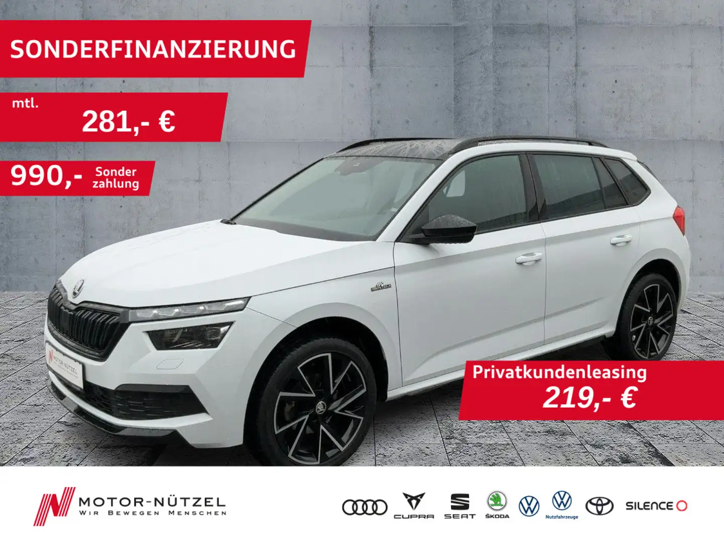 Skoda Kamiq 1.0 TSI MONTE CARLO LED+AHK+PANO+NAV+2xSHZ Weiß - 1