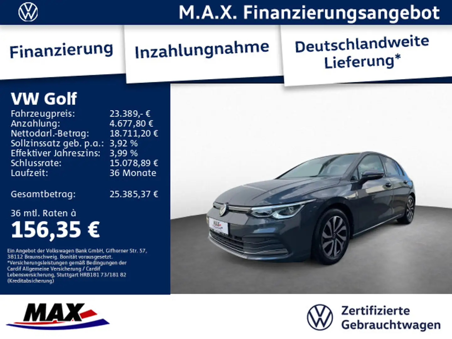 Volkswagen Golf VIII 2.0 TDI DSG ACTIVE AHK+HUD+NAV+PANO+AC Grau - 1