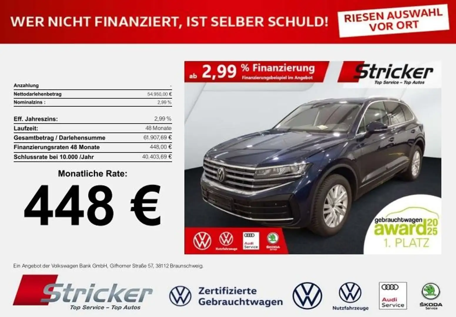 Volkswagen Touareg Elegance 3.0TDI 448,-ohne Anzahlung AHK Luft App- Blau - 2