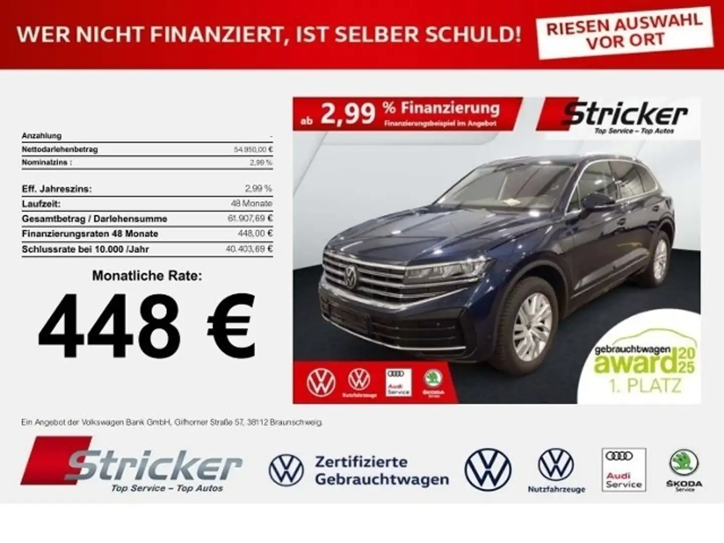 Volkswagen Touareg Elegance 3.0TDI 448,-ohne Anzahlung AHK Luft App- Blau - 1