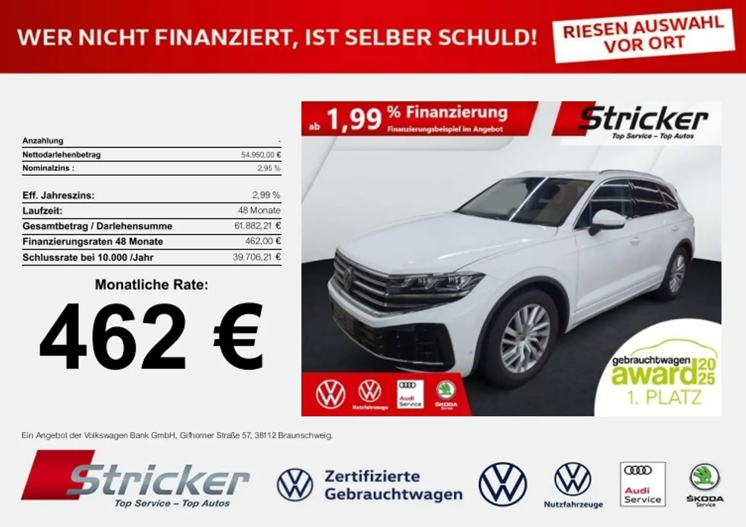 Volkswagen Touareg Elegance 3.0TDI 462,-ohne Anzahlung AHK Luft App- Weiß - 1
