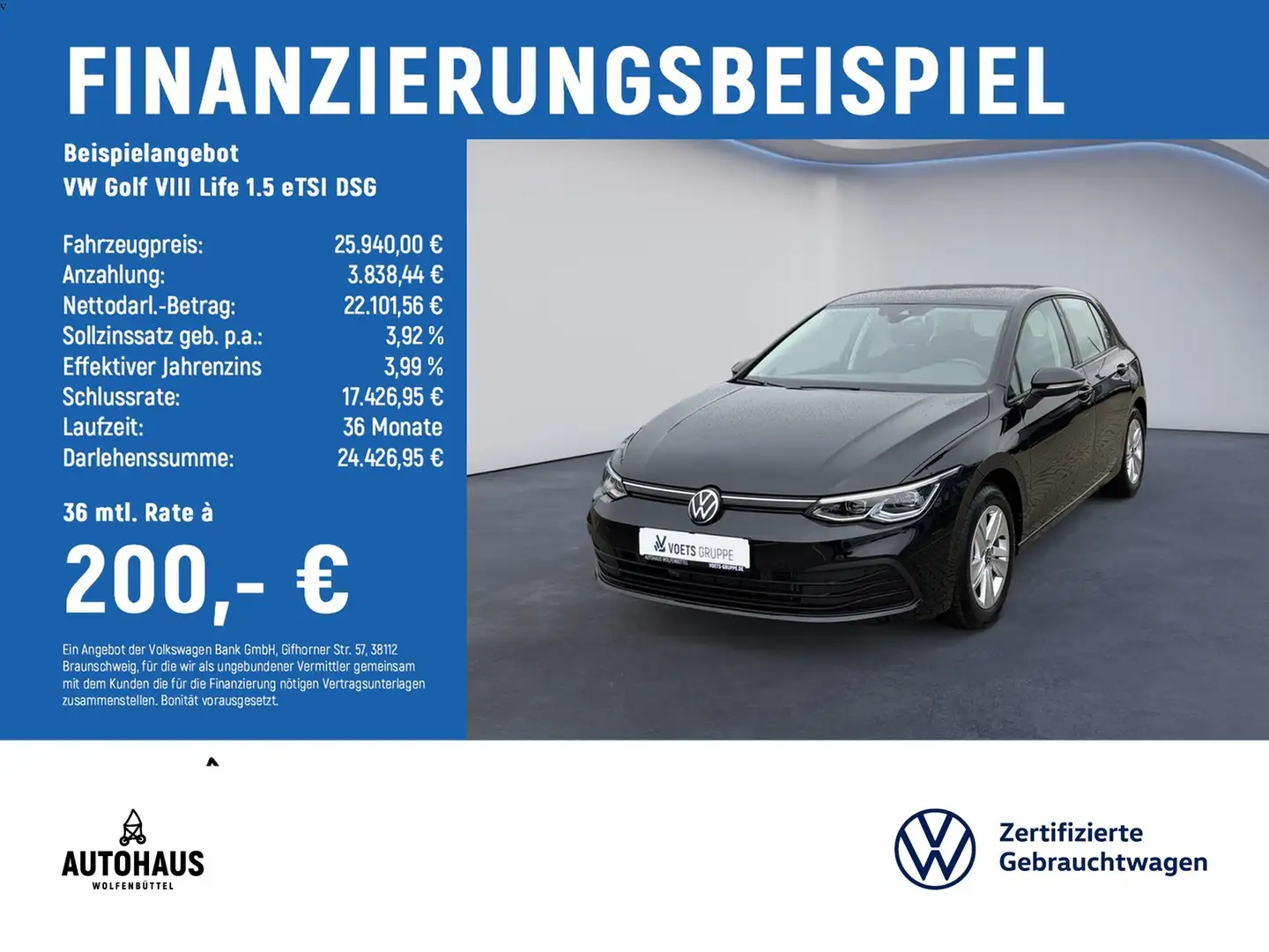 Volkswagen Golf VIII Life 1.5 eTSI DSG APP LED NAV PDC SHZ Schwarz - 2
