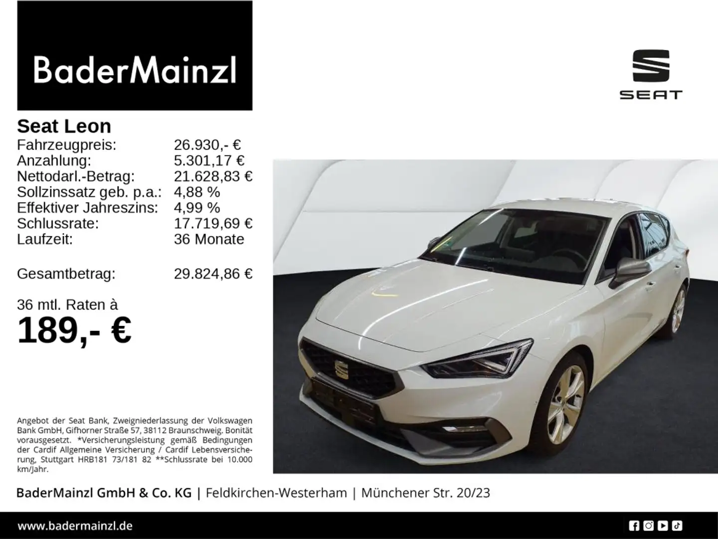 SEAT Leon 1.5 eTSI DSG FR Navi Kam. SHZ Matrix ACC Weiß - 1