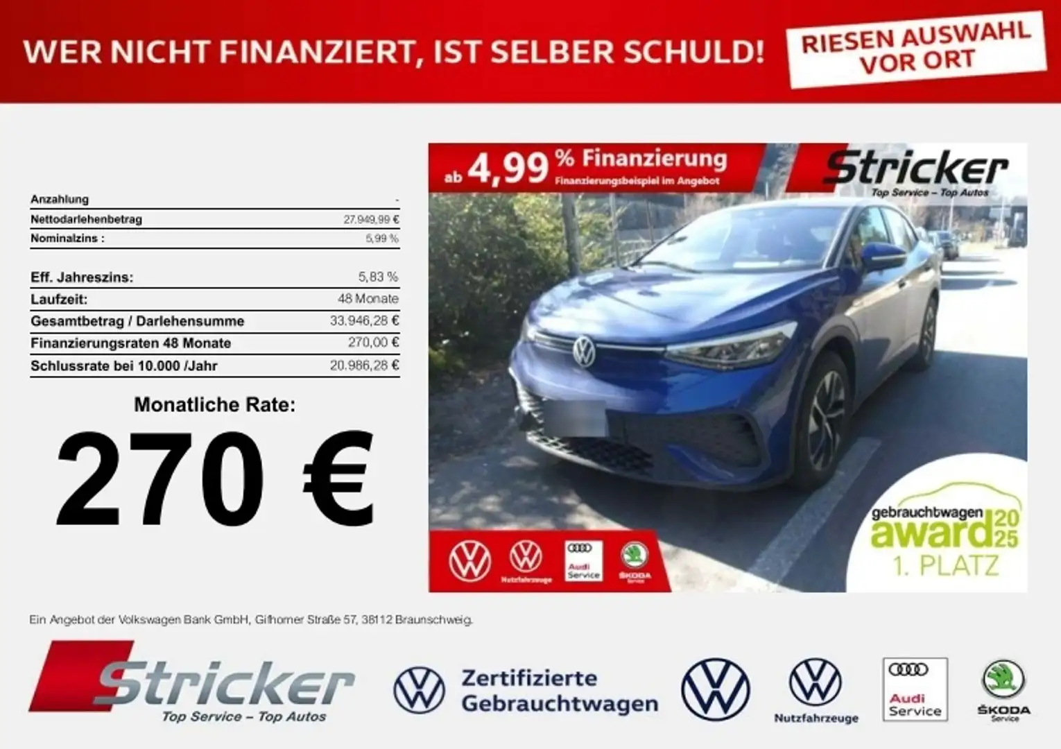 Volkswagen ID.5 Pro Performance 150/77 270,-ohne Anzahlung Navi A Blau - 1