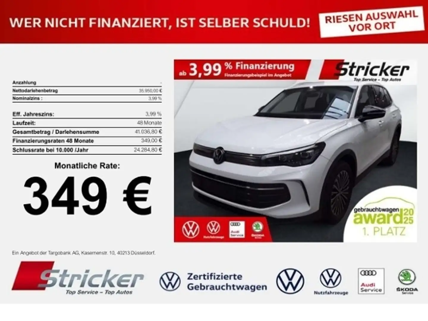 Volkswagen Tiguan Goal 2.0TDI DSG 349,-ohne Anzahlung Navi AHK Kame Weiß - 1