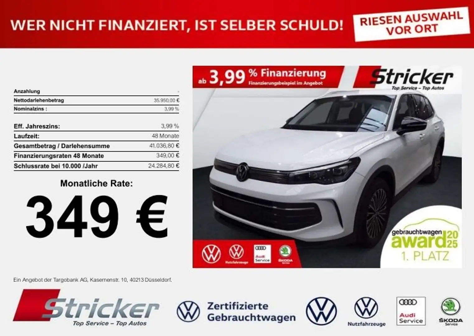 Volkswagen Tiguan Goal 2.0TDI DSG 349,-ohne Anzahlung Navi AHK Kame Weiß - 2