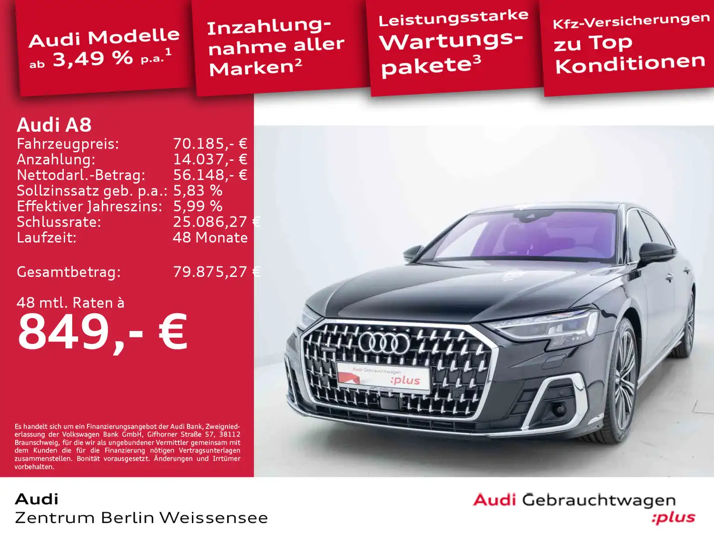 Audi A8 Lang 50 TDI TIPT*QUA*MATRIX*PANO*B&O*LUFT*NAV Schwarz - 1