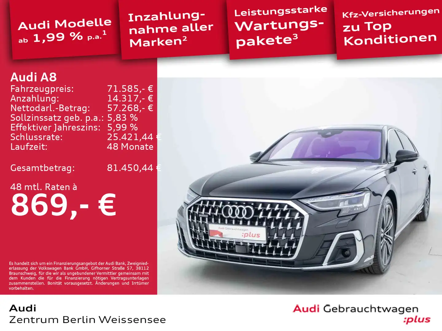 Audi A8 Lang 50 TDI TIPT*QUA*MATRIX*PANO*B&O*LUFT*NAV Schwarz - 1